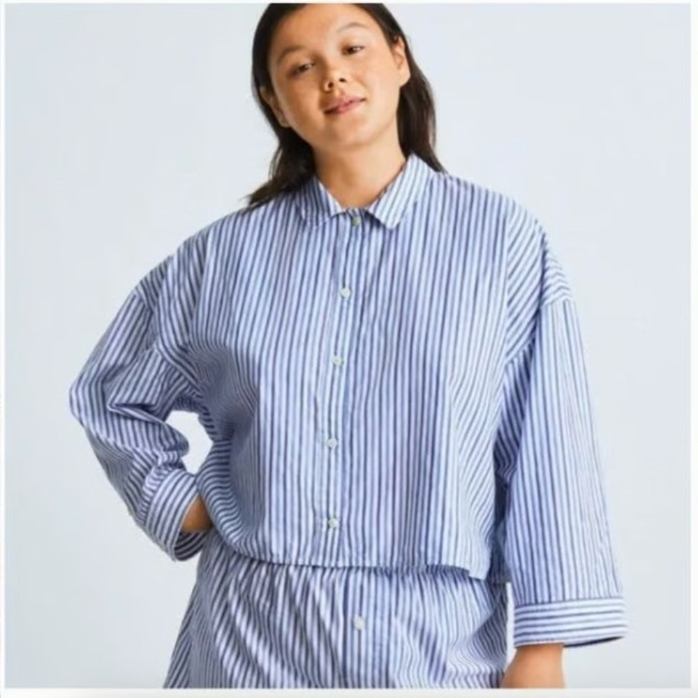 EVERLANE The Woven PJ Top Blue Stripe Size XXS NEW Long Sleeve Cropped Collar